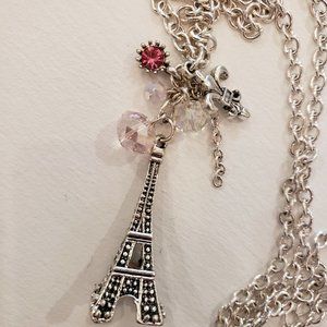 Eifel Tower Long Necklace Silver Color Pink Beads